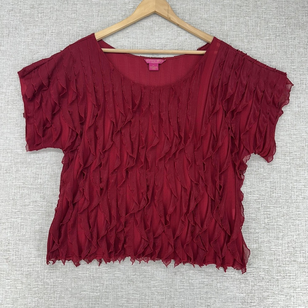 Sunny Leigh Burgundy Ruffled Short Sleeve Blouse